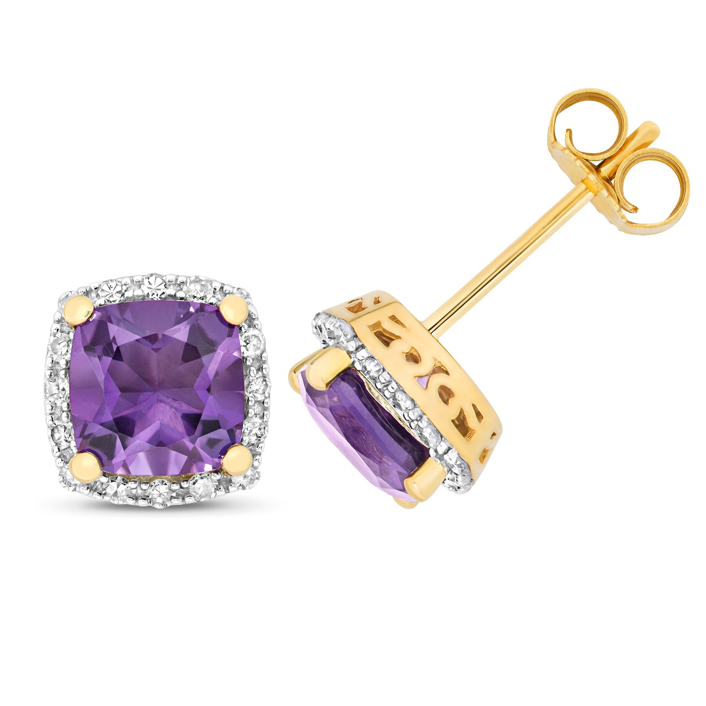 9ct Gold Amethyst & Diamond Stud Earrings | Cushion Shape