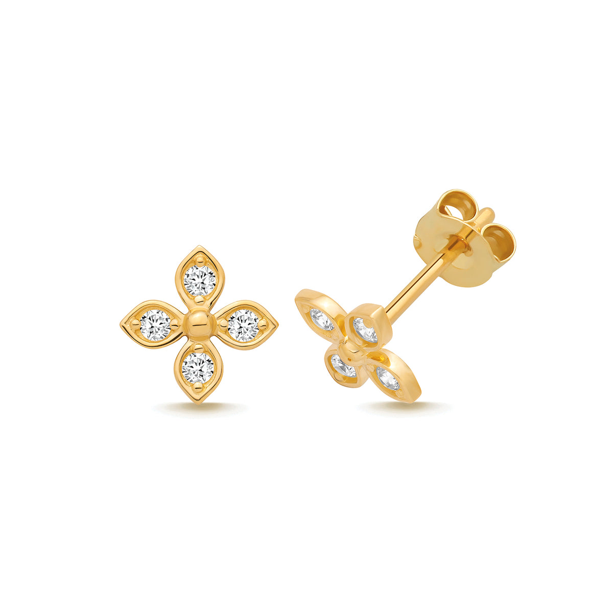 9ct Gold CZ Venetian Quatrefoil Stud Earrings