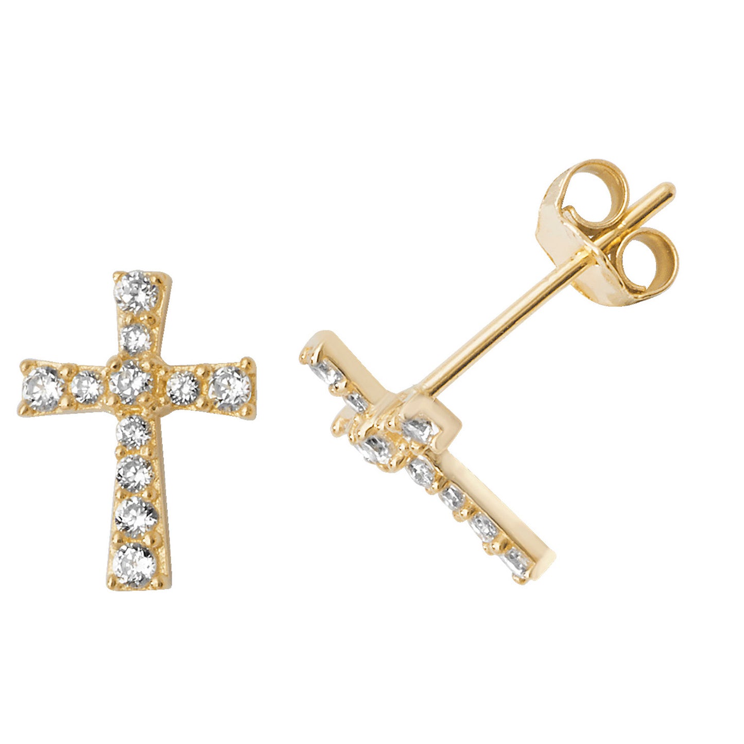 9ct gold CZ cross stud earrings by THC, featuring sparkling cubic zirconia stones and secure post backs.