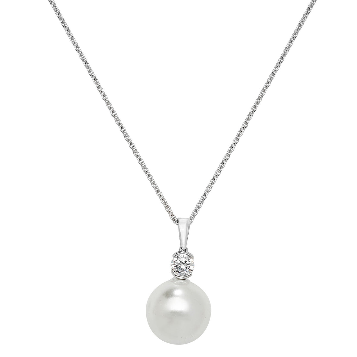 Silver faux pearl and CZ necklace with 14mm beads from Kurate, featuring elegant pearl and sparkling cubic zirconia details.