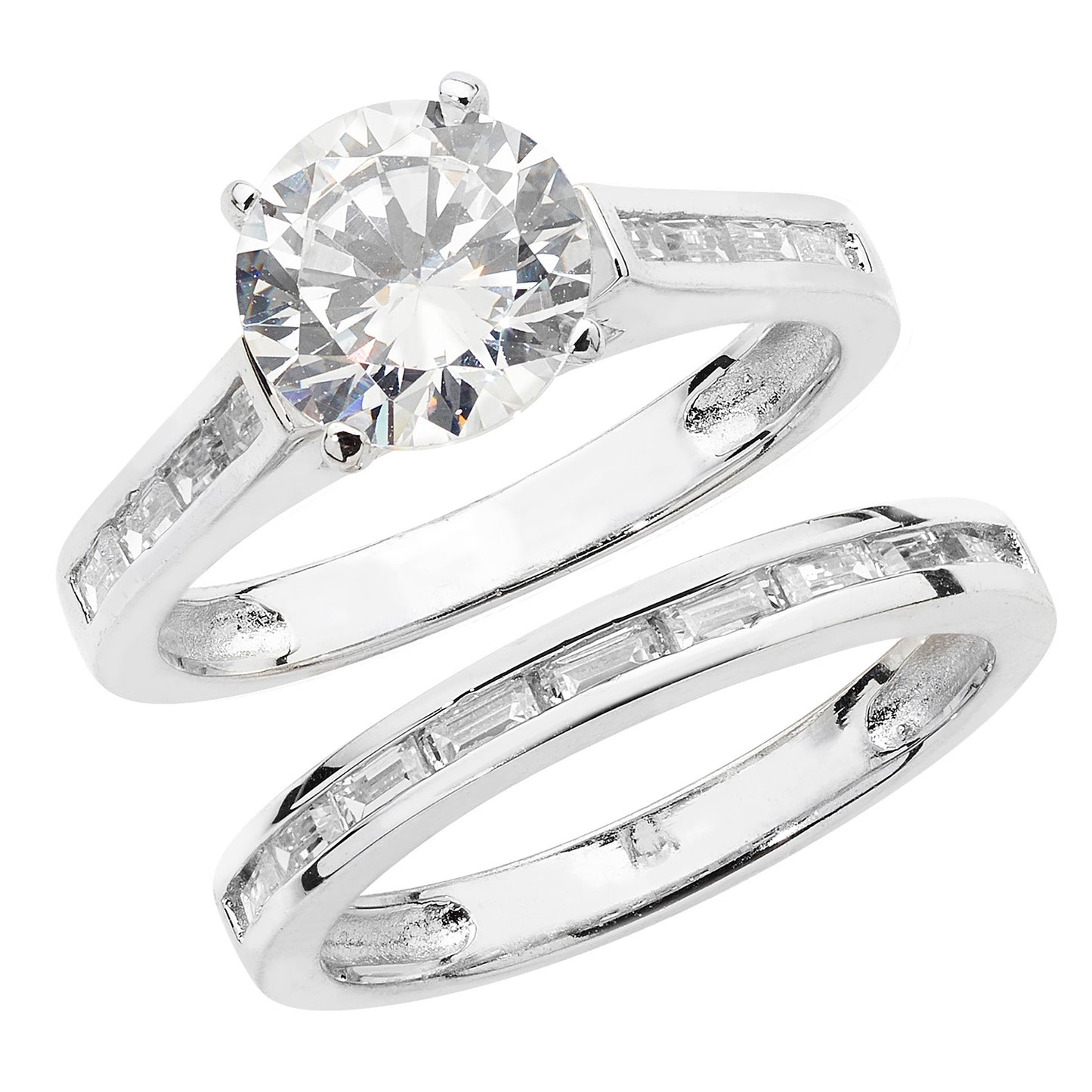Silver CZ Solitaire & Baguette Bridal Ring Set - John Ross Jewellers