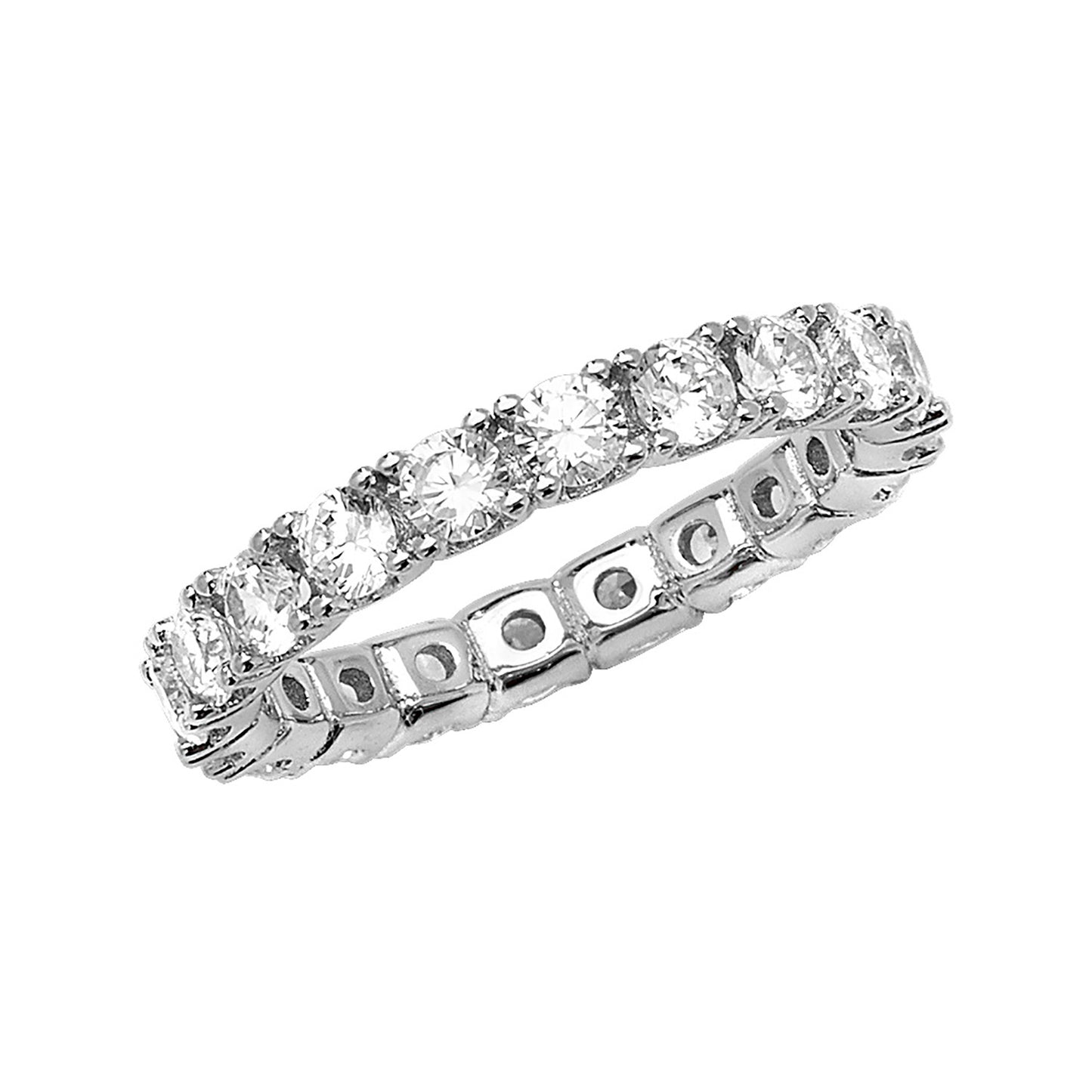 Silver CZ eternity band ring by THC with sparkling cubic zirconia stones, showcasing a continuous circle of dazzling jewelry.