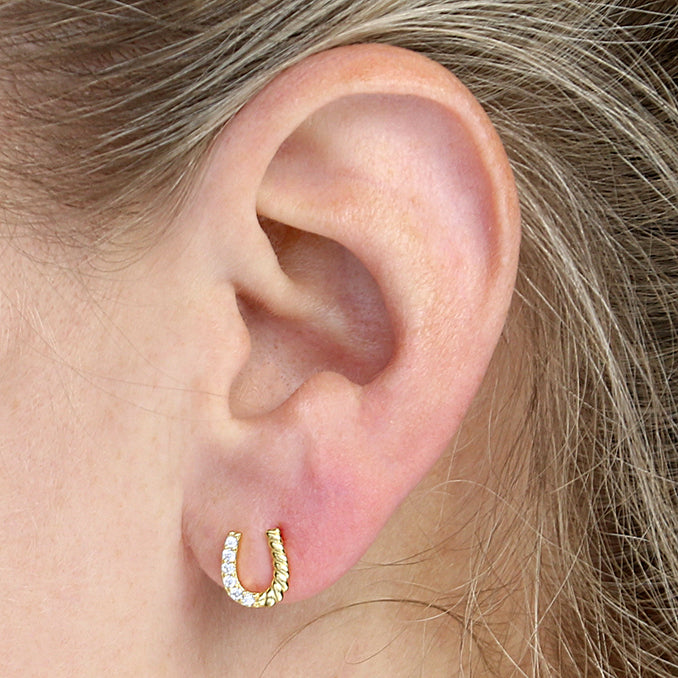 Sunshine CZ Horseshoe Stud Earrings by CME, silver-tone earrings with sparkling cubic zirconia and horseshoe design.