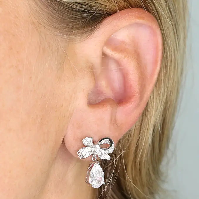 Silver CZ Bow Pear Drop Earrings - John Ross Jewellers