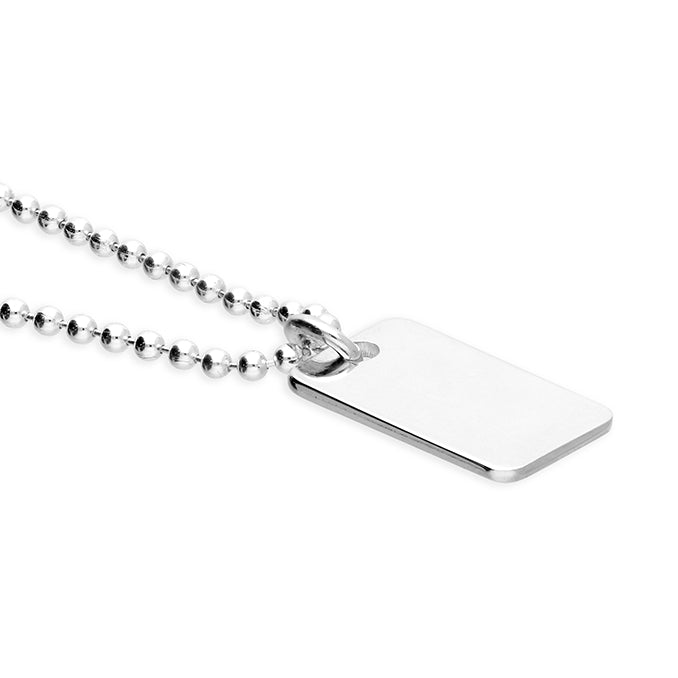 Silver double tag pendant necklace with bead chain by CME, featuring two small tags hanging from a sleek chain.