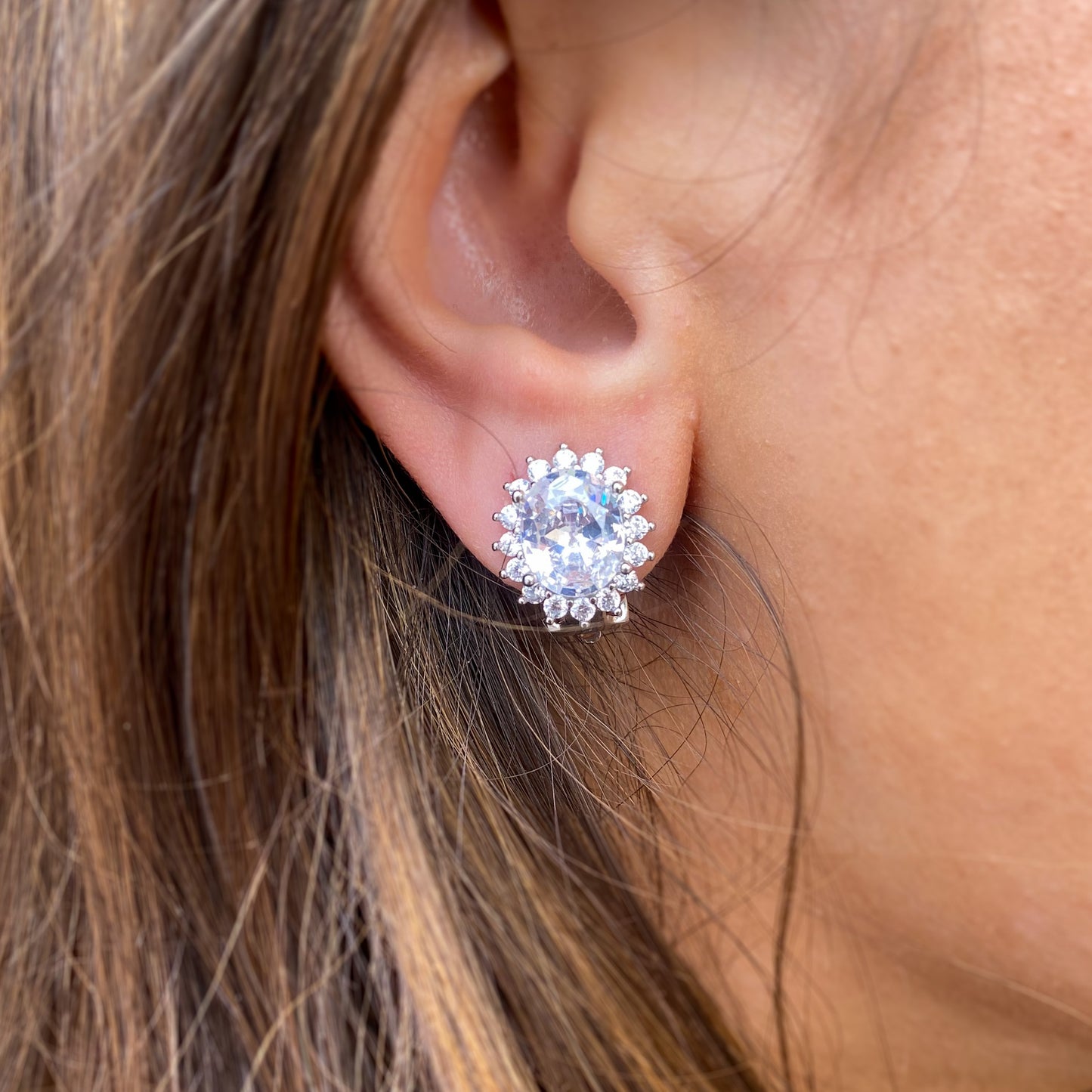 Silver Oval CZ Clip on Earrings - John Ross Jewellers