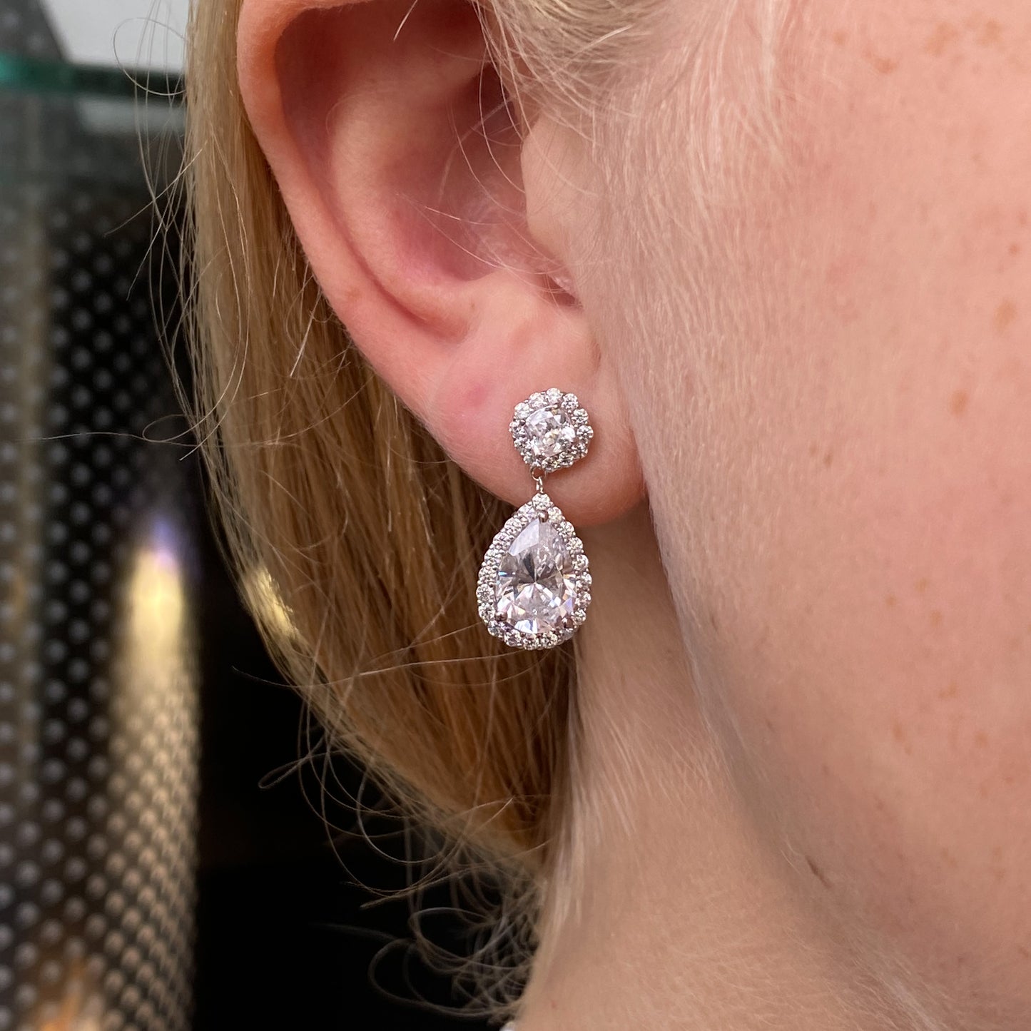 Silver Pear Cut CZ Halo Drop Earrings - John Ross Jewellers