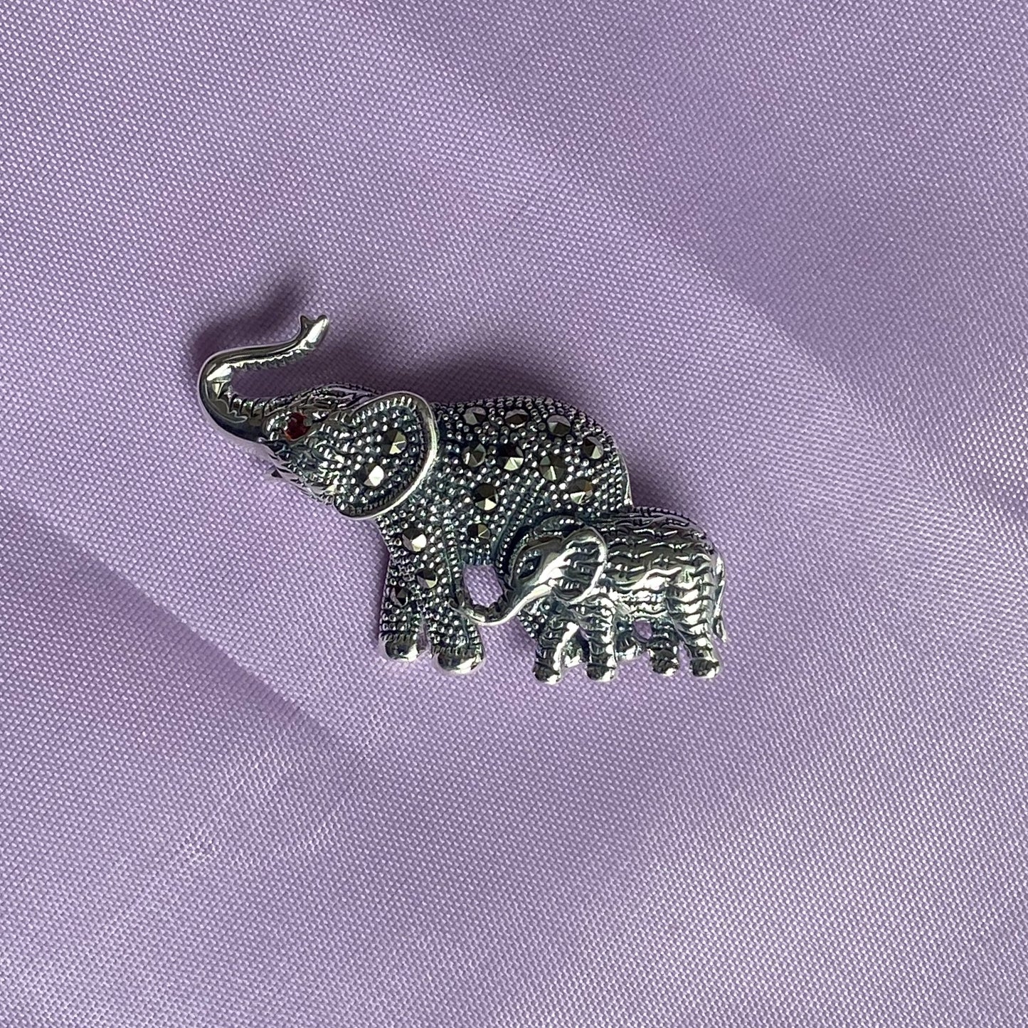 Silver Elephant Mommy & Baby Marcasite Brooch - John Ross Jewellers