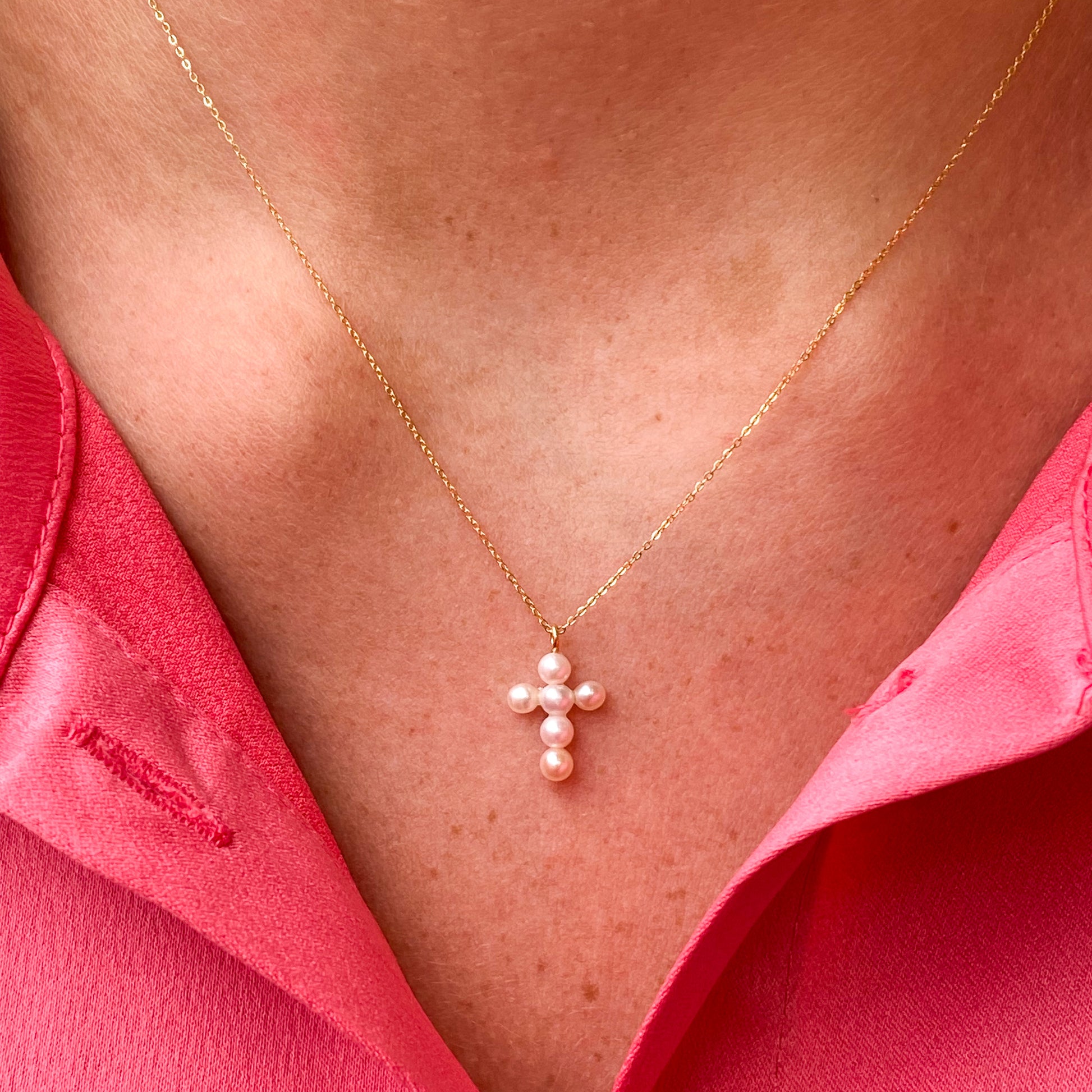 18ct Gold Freshwater Pearl Cross Necklace - John Ross Jewellers