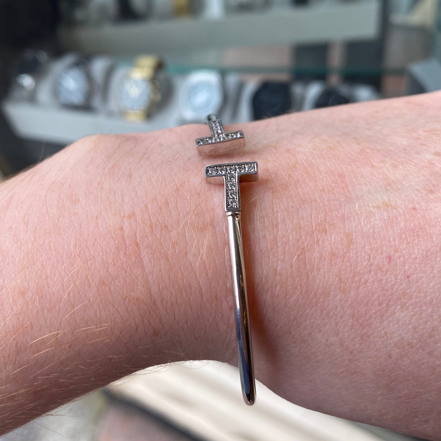 Silver CZ T End Open Cuff Bangle - John Ross Jewellers