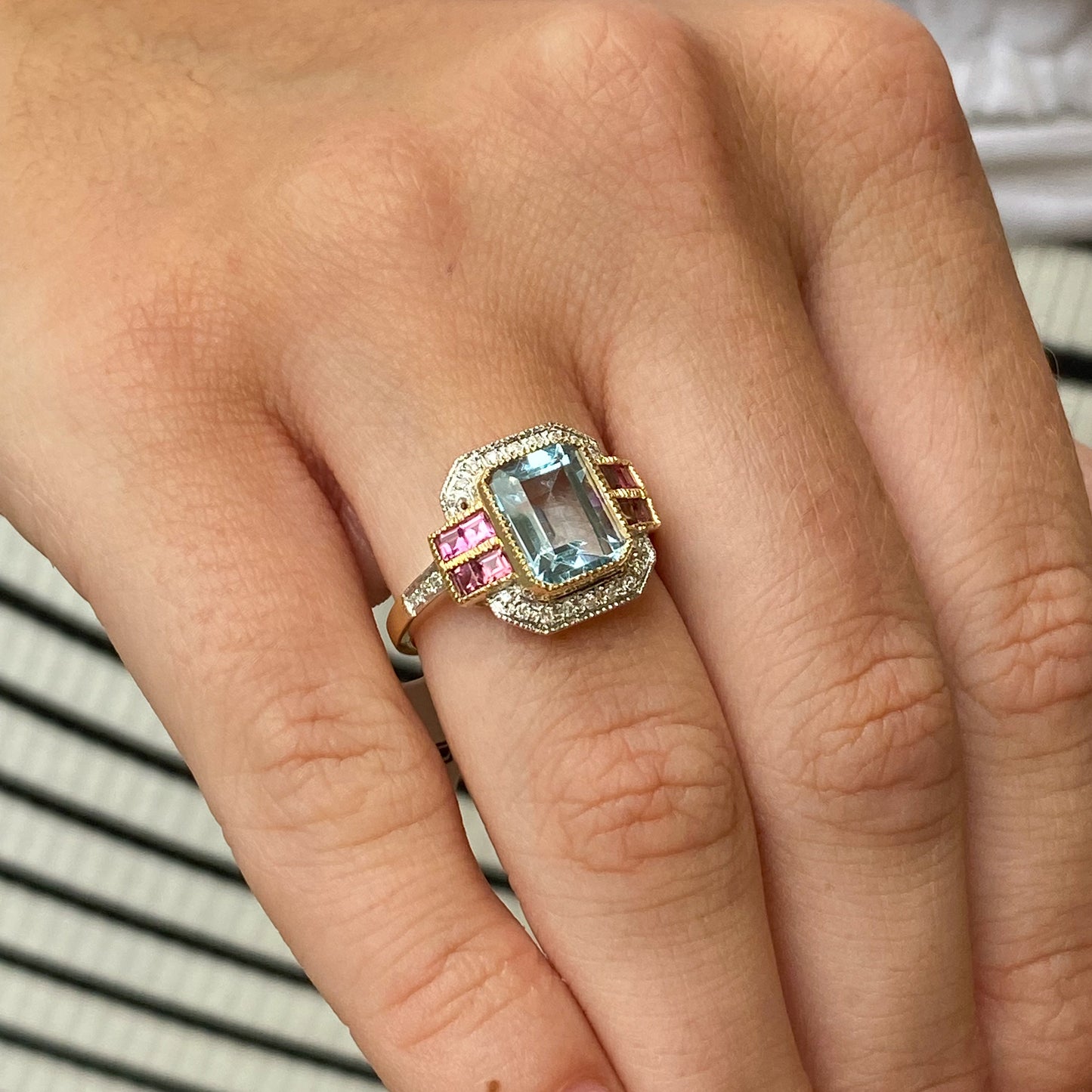 9ct Gold Blue Topaz, Pink Tourmaline & Diamond Ring - John Ross Jewellers