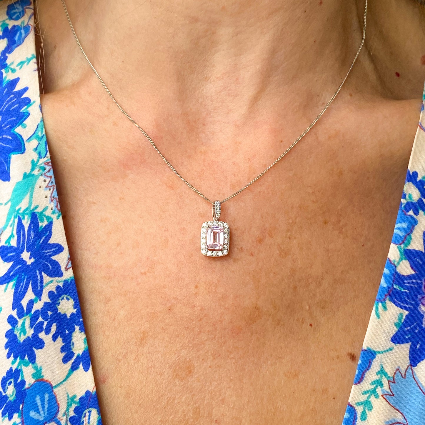 Silver Emerald Cut CZ Halo Necklace | Pink - John Ross Jewellers