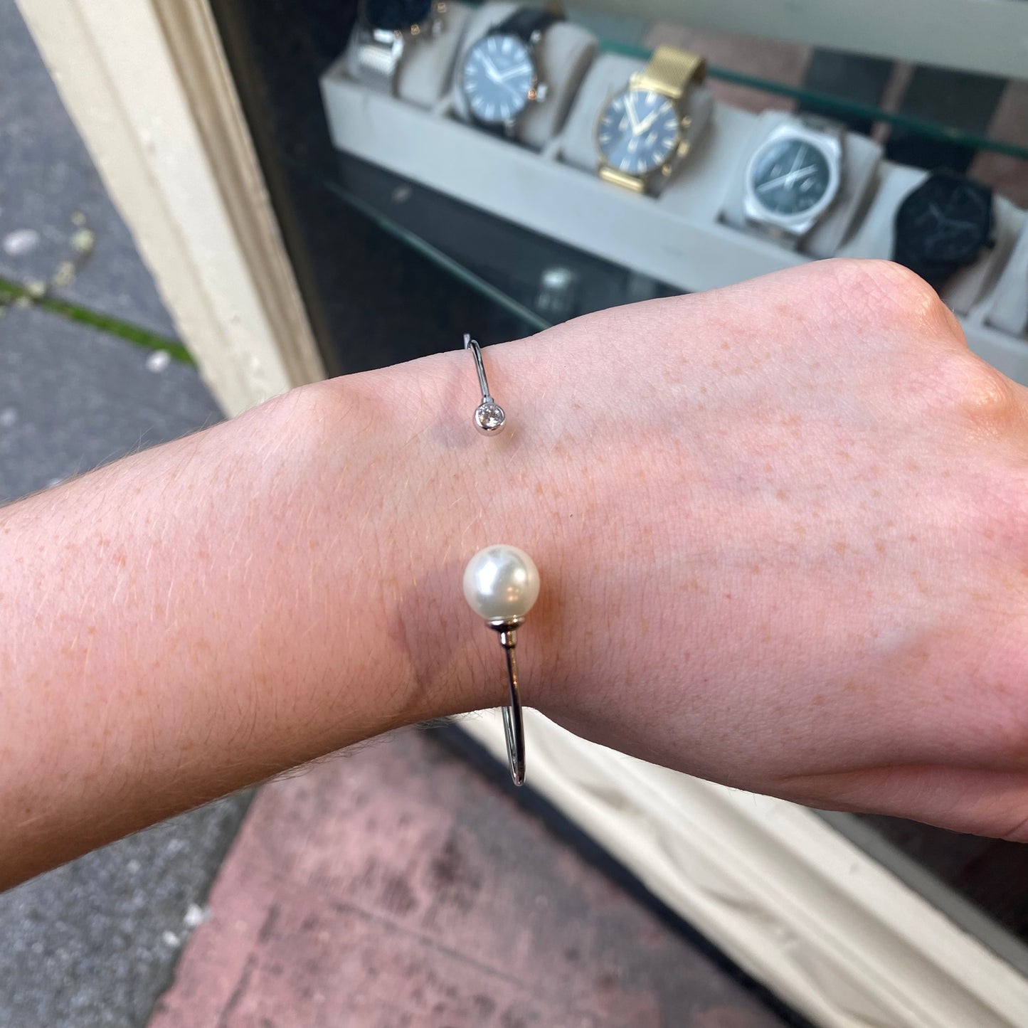 Silver Cz & Pearl Open Bangle - John Ross Jewellers