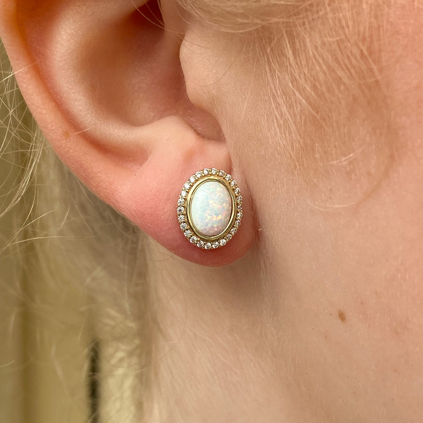 9ct Gold Oval Opalique & CZ Halo Stud Earrings - John Ross Jewellers