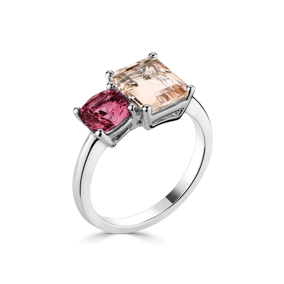 18ct White Gold Morganite & Pink Tourmaline Moi et Toi Ring - John Ross Jewellers