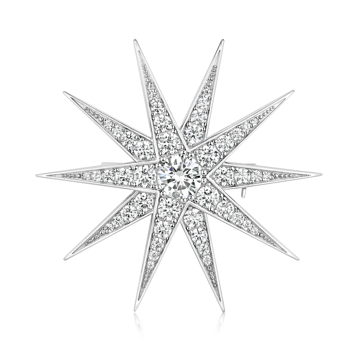 Silver CZ star brooch by THC featuring sparkling cubic zirconia stones and a sleek silver finish.