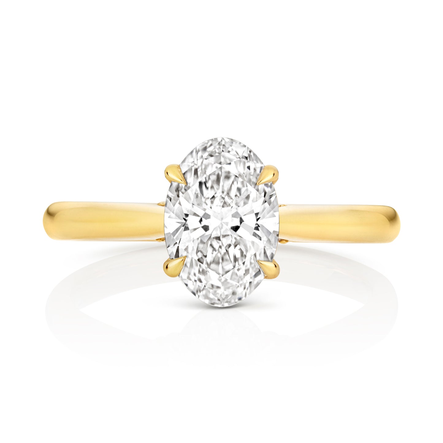 18ct gold oval solitaire engagement ring with a 1.53ct certified lab diamond, featuring a classic and elegant design by THC.