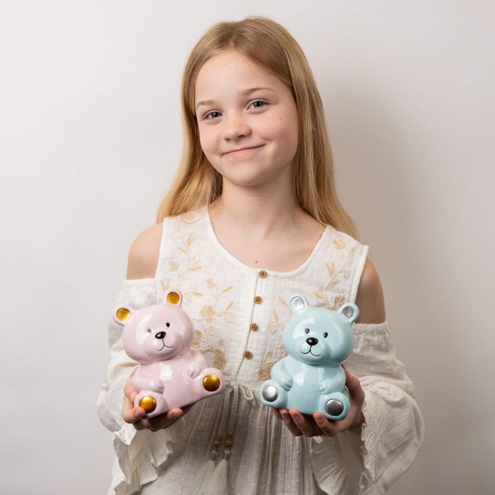 Blue Teddy Bear Ceramic Money Box - D for Diamond - John Ross Jewellers