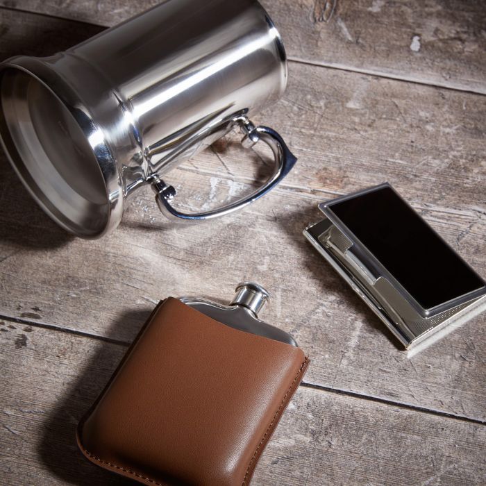 Fred Bennett Hip Flask with Brown Leather Sleeve - John Ross Jewellers