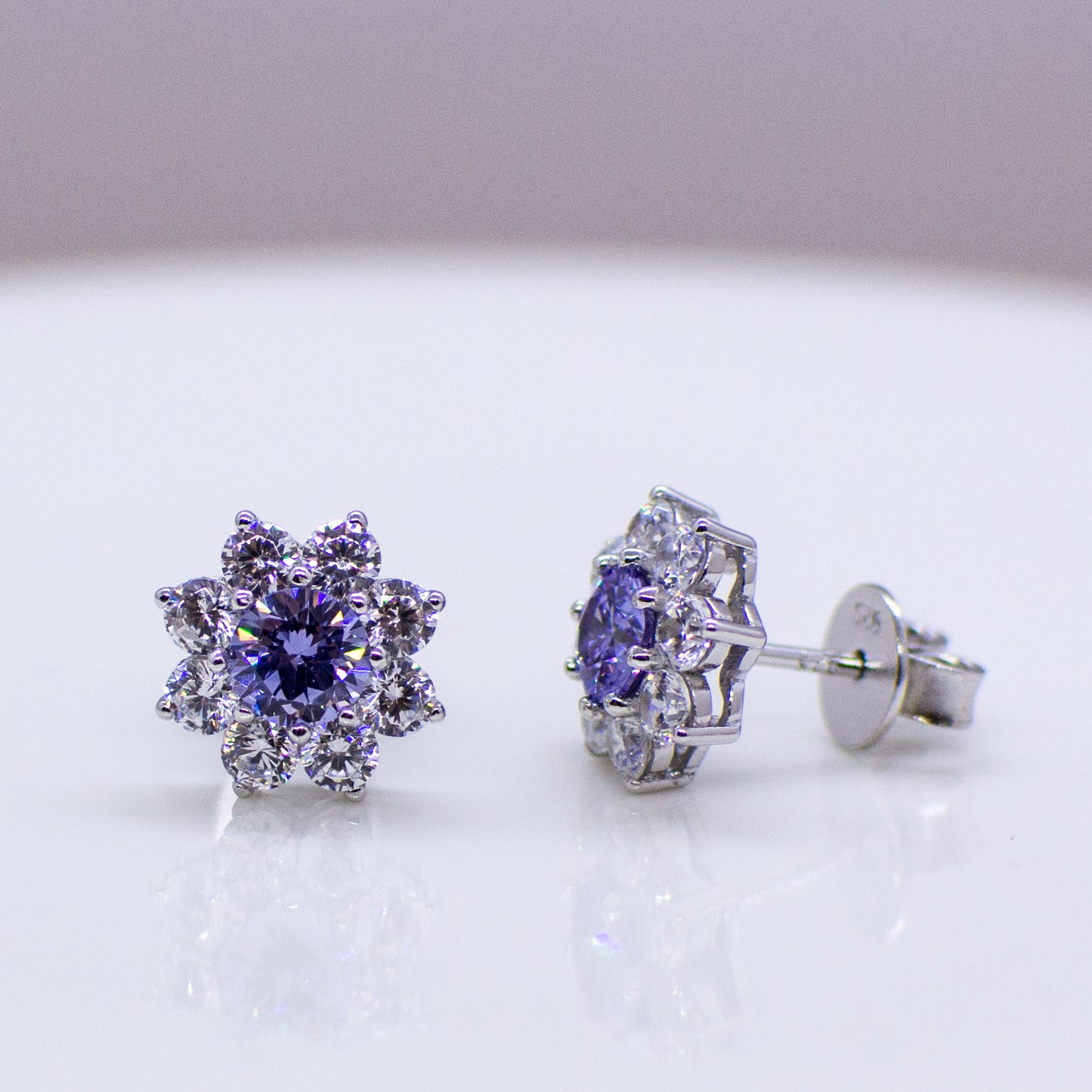 Silver CZ Halo Stud Earrings - Created Light Amethyst - John Ross Jewellers