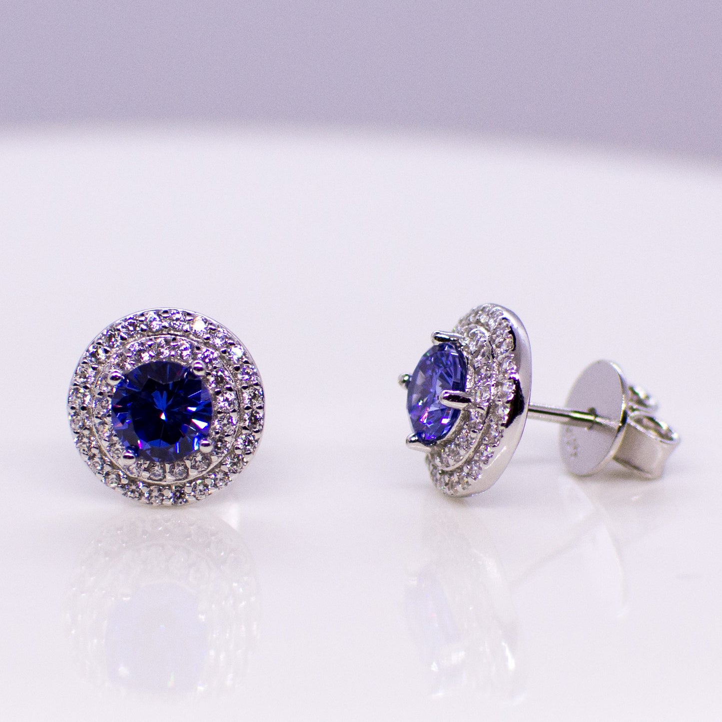 Silver CZ Double Halo Stud Earrings - Created Tanzanite - John Ross Jewellers