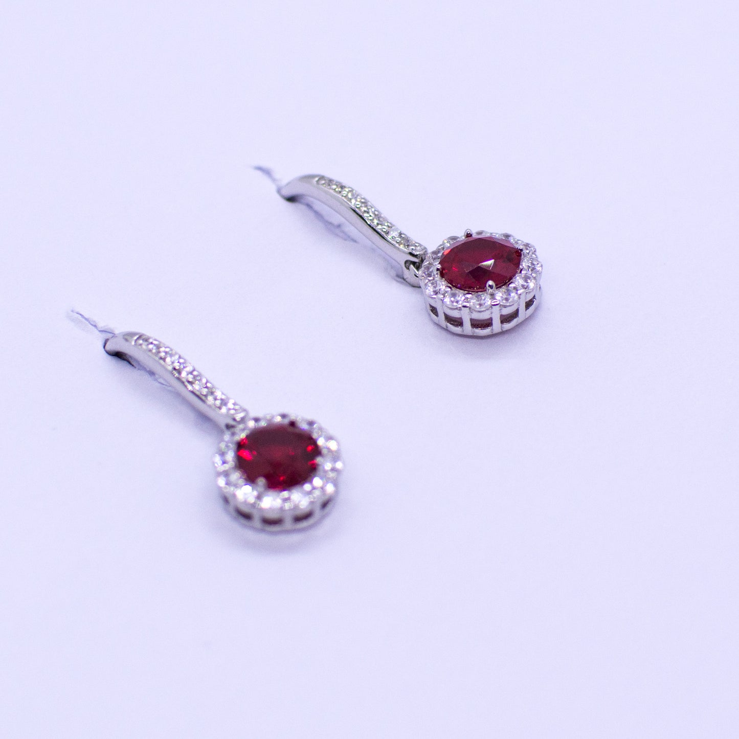 Silver CZ Halo Drop Earrings - Created Ruby - John Ross Jewellers