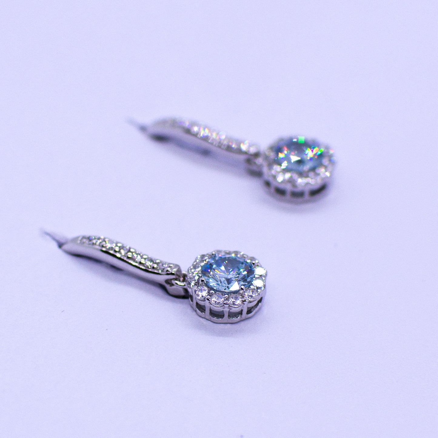 Silver CZ Halo Drop Earrings - Created Sky Blue Topaz - John Ross Jewellers