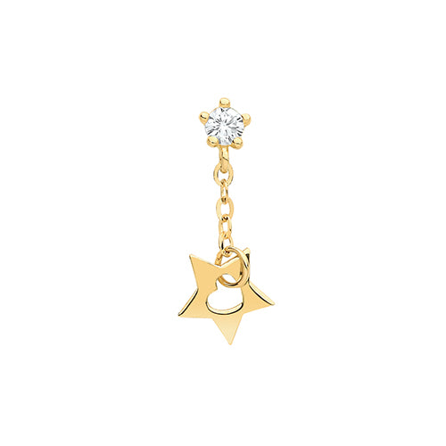 A single 375 9ct yellow CZ stud with star drop for cartilage piercings. The star drop has a heart cut out and hangs by a chain from the CZ stud. Screw fitting.