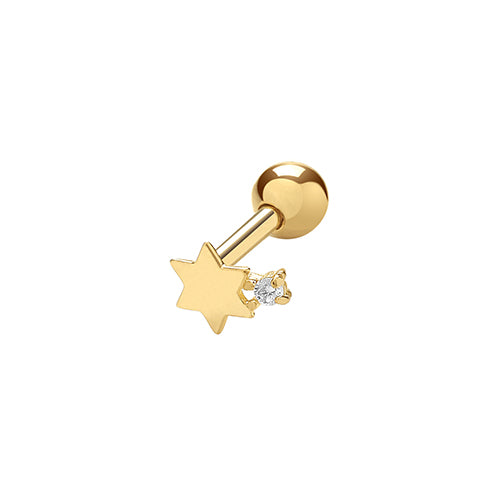 A single 375 9ct yellow gold plain polished star stud with CZ for cartilage piercings. Screw fitting.