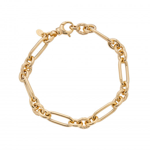 9ct gold chunky mixed link bracelet by Mark Milton featuring bold, interconnected gold links on a neutral background.