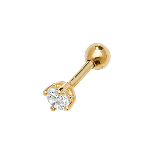 A single 375 9ct yellow gold claw set CZ stud for cartilage piercings. Screw fitting.