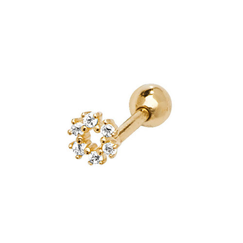 A single 375 9ct yellow gold claw set CZ open circle stud for cartilage piercings. Screw fitting.