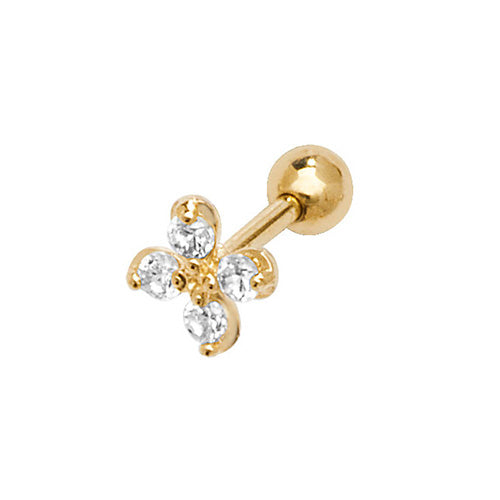 A single 375 9ct yellow gold claw set CZ Quatrefoil stud for cartilage piercings. Screw fitting.