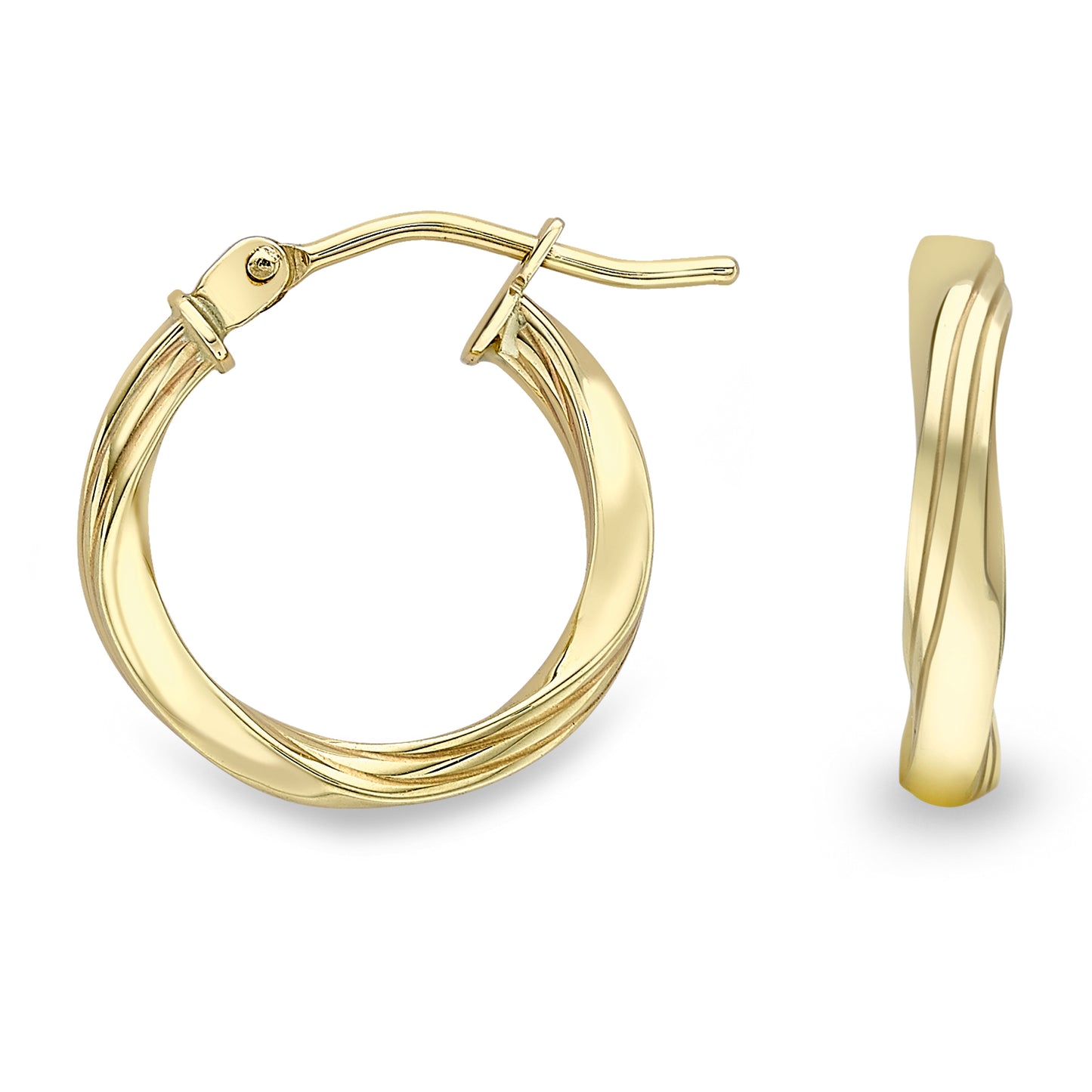 Stubbs 9ct gold classic 15mm twist hoop earrings showing their elegant circular design and polished finish