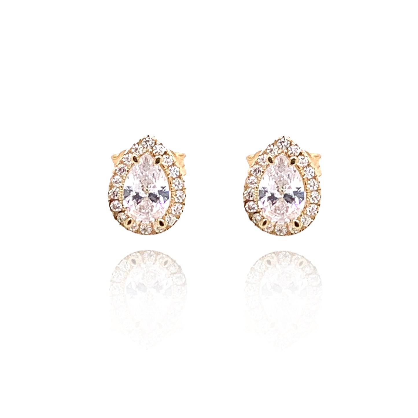 Mark Milton 9ct gold pear-shaped CZ halo stud earrings featuring sparkling cubic zirconia stones on a polished gold setting.