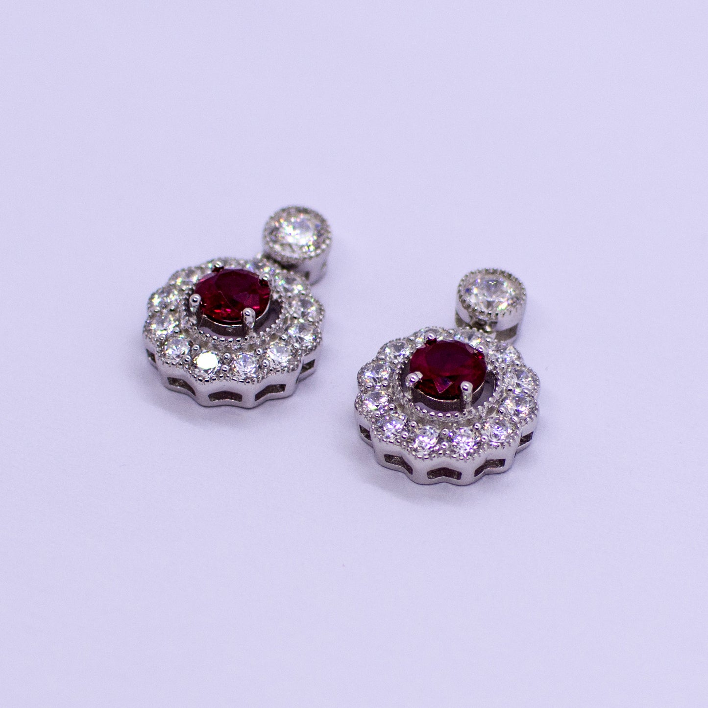 Silver Created Ruby CZ Halo Drop Earrings - John Ross Jewellers