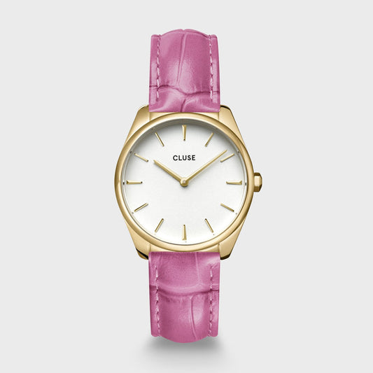  Bold. Sophisticated. Stylish. The Féroce Petite is scaled down in size, but not in detail. This Féroce Petite watch for women features a 31.5 mm gold round case, pink croco leather 16 mm strap and off-white sandblasted dial. This watch for women is the perfect accessory to spice up your look. And you can easily adjust the strap by yourself. Style it how you like it by changing up the look of your watch with our other CLUSE 16 mm straps.