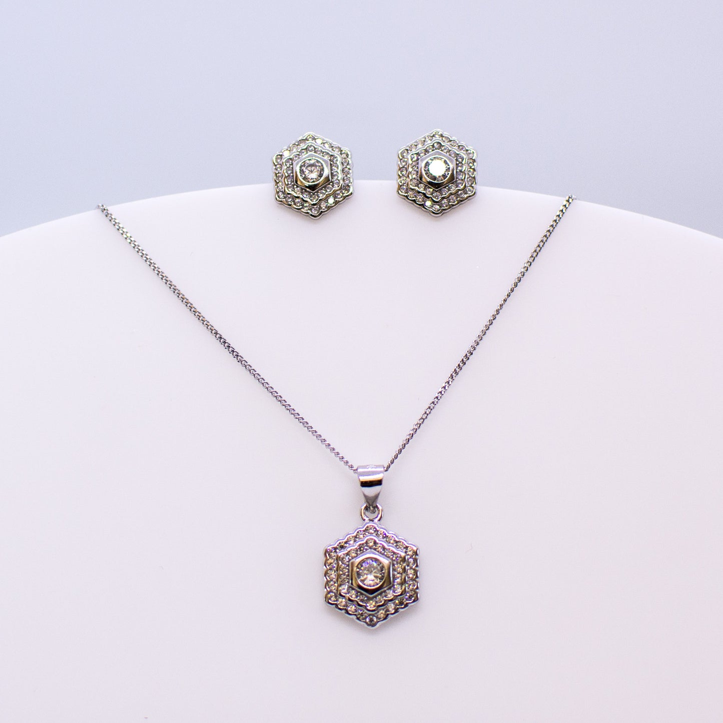 Silver CZ Double Halo Hexagon Earring and Necklace Set - John Ross Jewellers