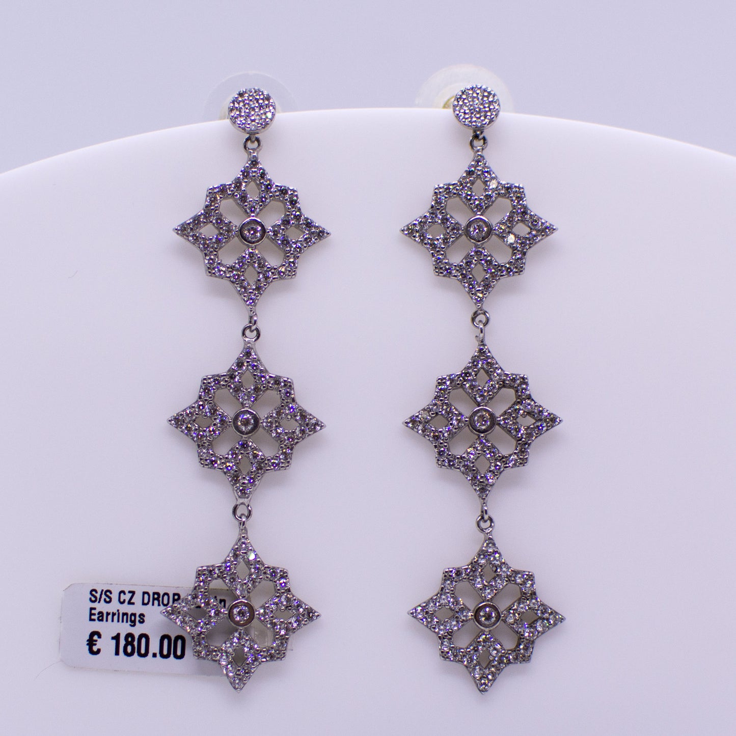 Silver CZ Long Drop Earrings - Three Stars - John Ross Jewellers
