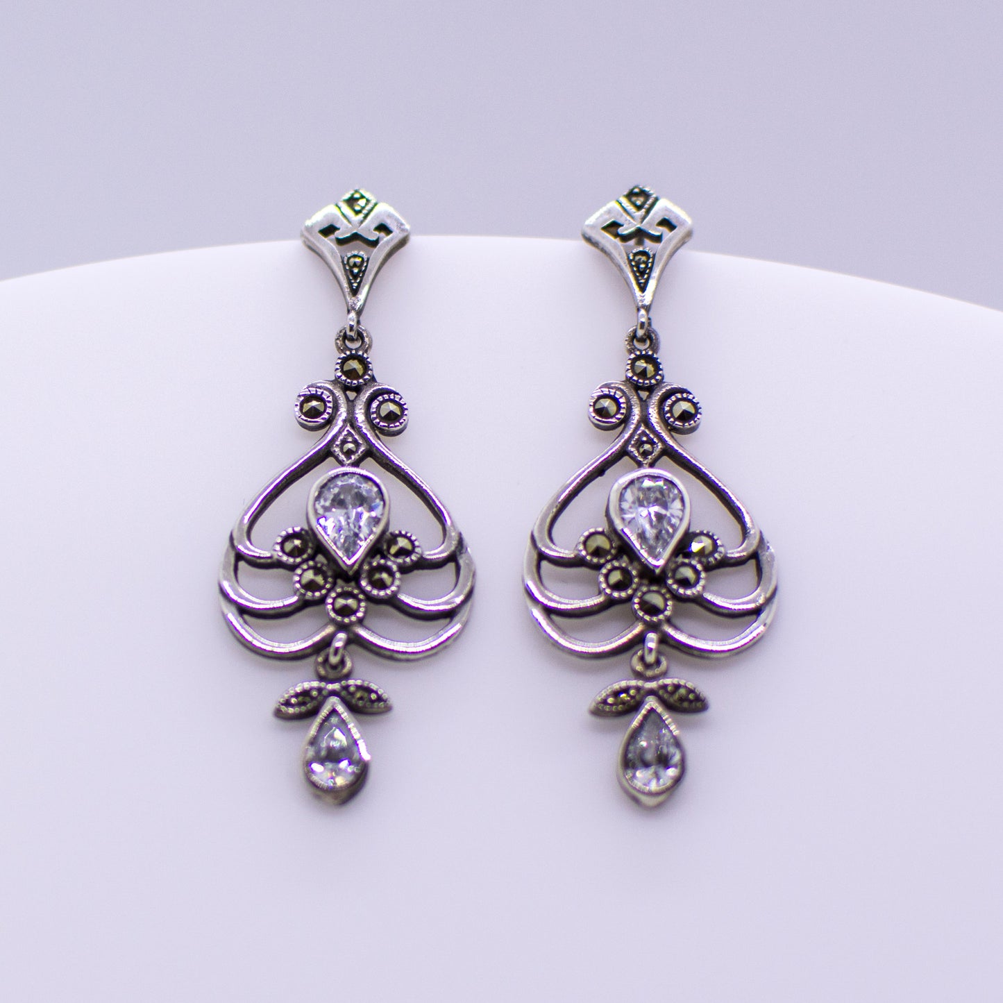 Silver CZ & Marcasite Long Drop Earrings - John Ross Jewellers