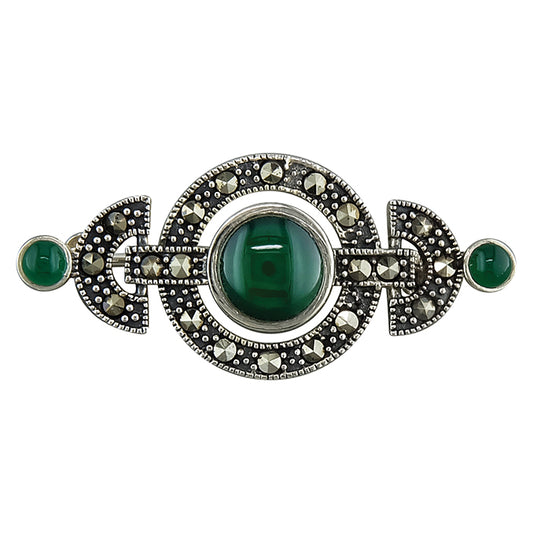 Silver Green Agate & Marcasite Art Deco Style Brooch - John Ross Jewellers