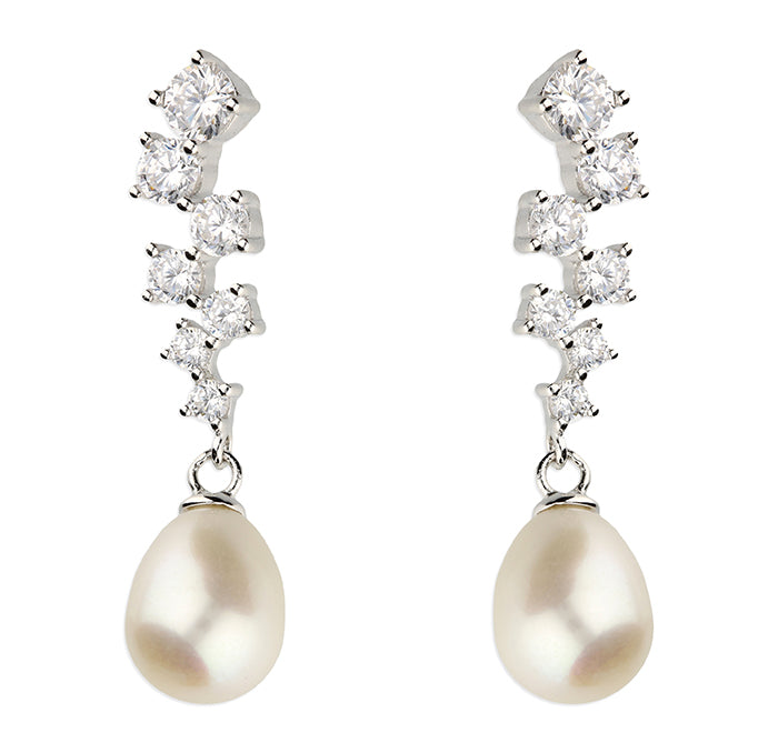 Silver CZ Modern Pearl Drop Earrings - John Ross Jewellers