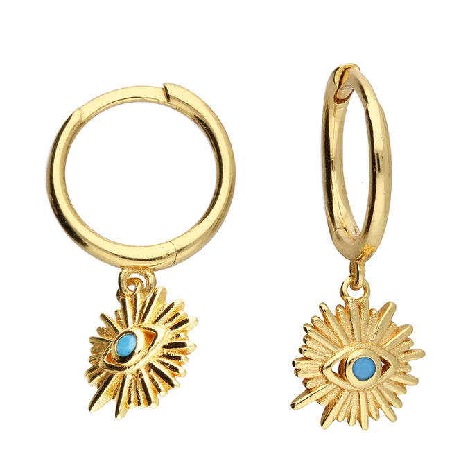 Sunshine Turquoise CZ Eye Charm Huggie Hoop Earrings - John Ross Jewellers