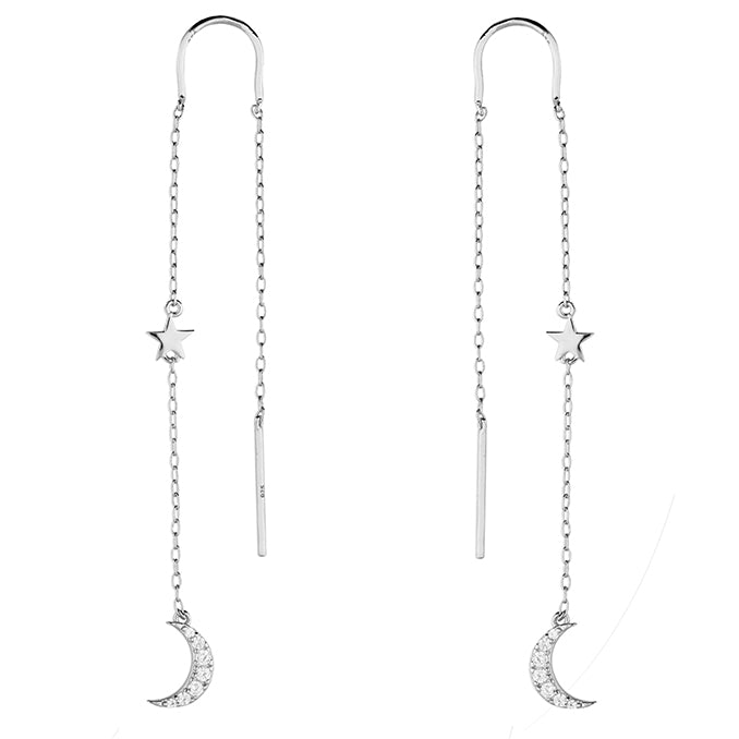 Silver Star & CZ Moon Pull Through Earrings - John Ross Jewellers