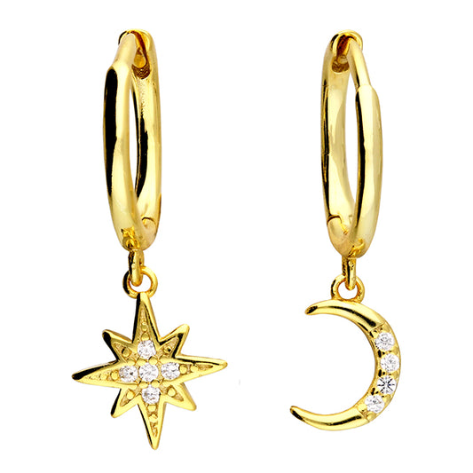 Sunshine CZ Moon & Star Charm Huggie Hoop Earrings | 10mm - John Ross Jewellers