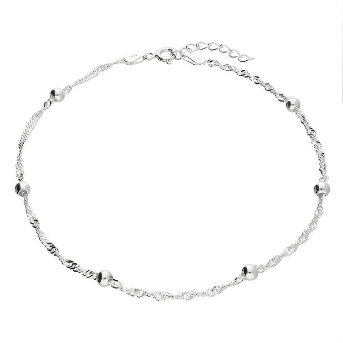 Silver anklet with beads and Singapore twist design, featuring a stylish and intricate bracelet by CME.