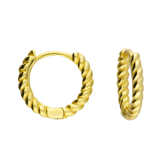 CME Sunshine Twist Huggie Hoop Earrings, 10mm gold-tone earrings with a twisted design, close-up view of stylish jewelry.