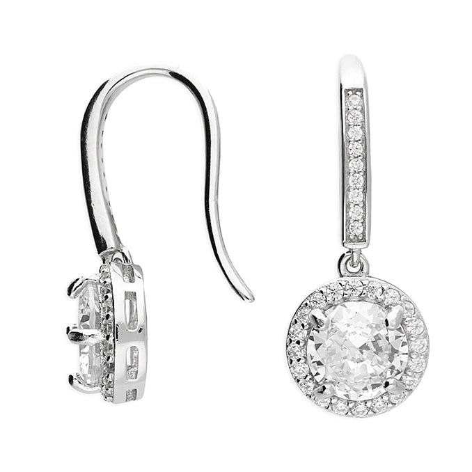 Silver CZ Halo Drop Hook Earrings - John Ross Jewellers