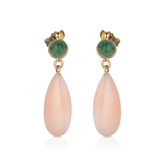18ct Gold Rose Coral & Green Stone Drop Earrings - John Ross Jewellers
