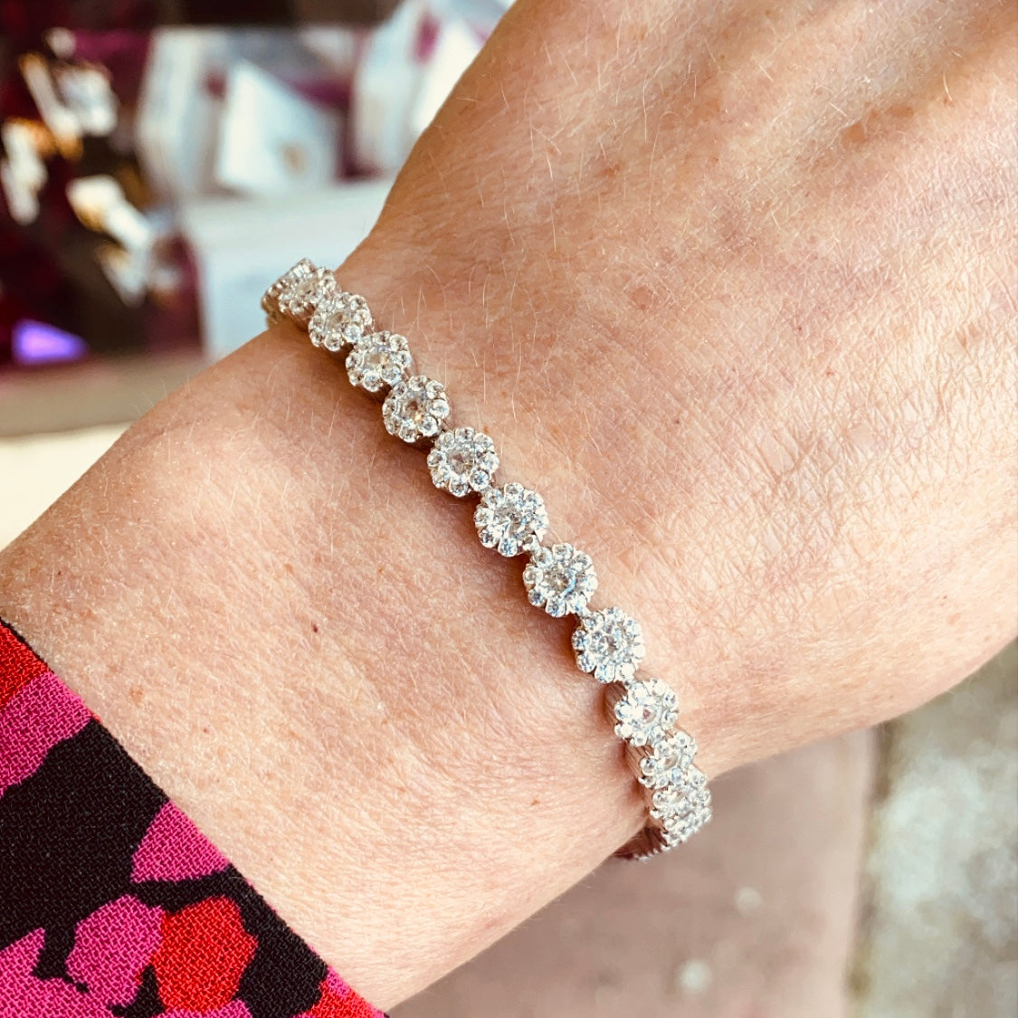 Silver CZ Floral Halo Line Bracelet 22cm - John Ross Jewellers